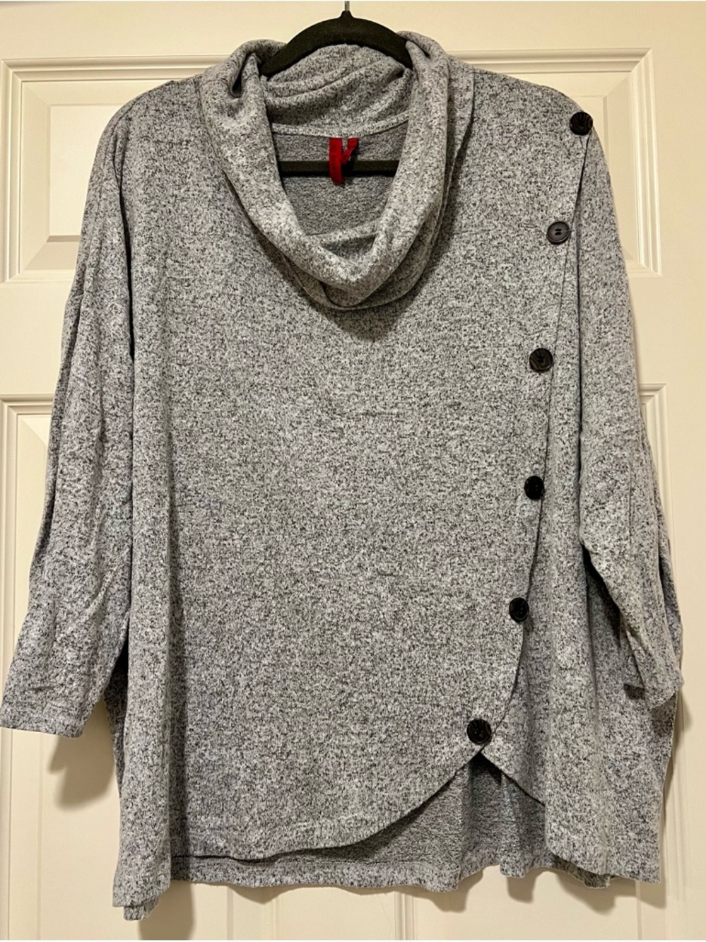 Love Me Scarlett Cozy Grey Cowl-Neck Button-Accent Sweater